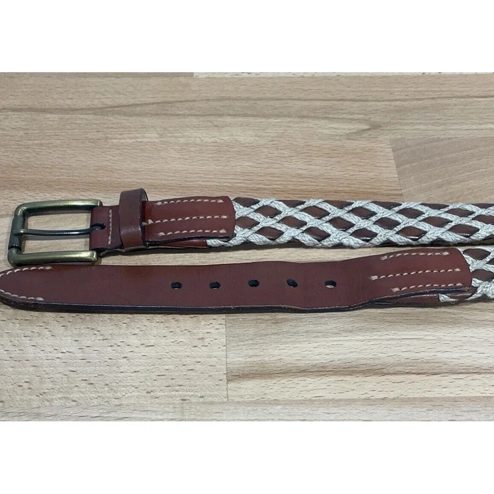 Trafalgar Mens Woven Belt 44 Brown Leather Jute Rope Casual‎ Brass Buckle USA